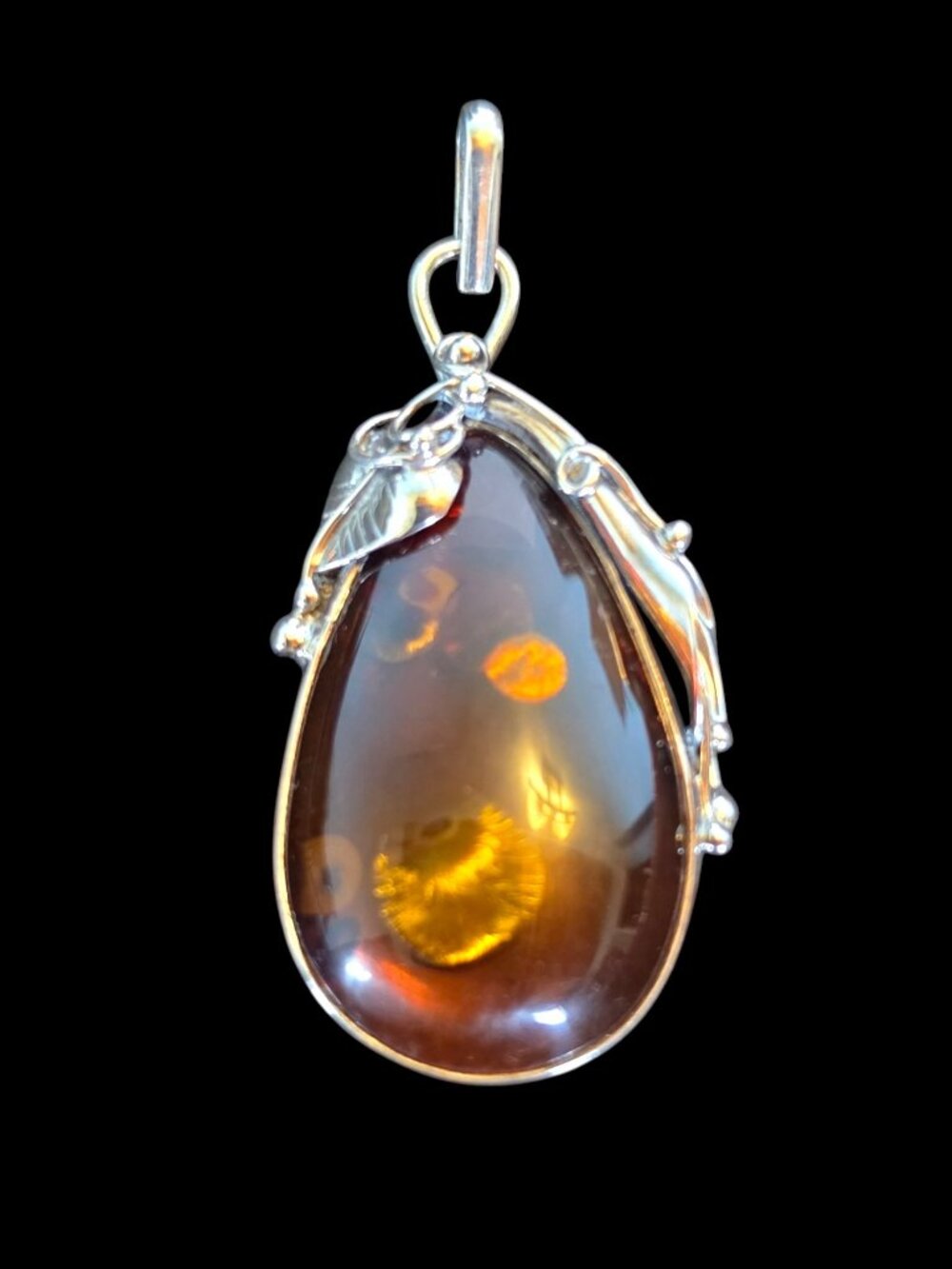 Vintage Art Nouveau-Inspired Honey Amber 925 Silver Statement Pendant